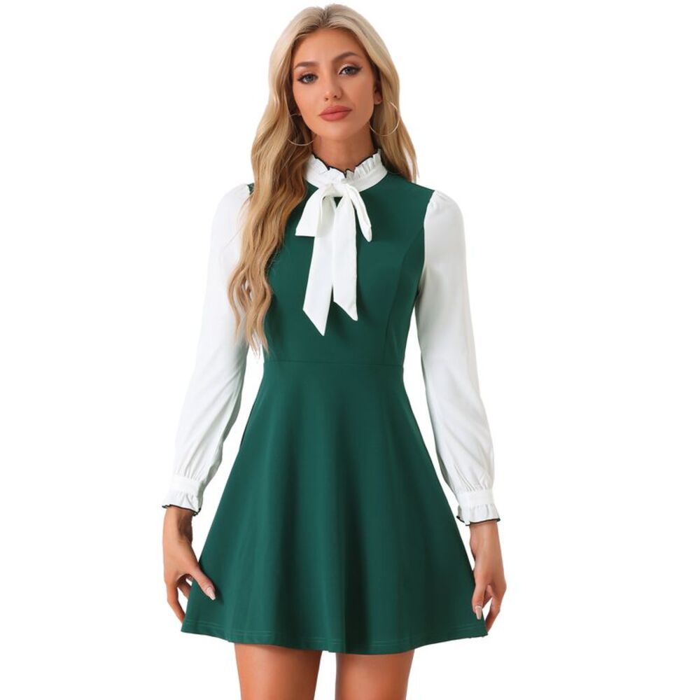 Contrast Color for Vintage Long Sleeve Tie Neck Dress Dark Green